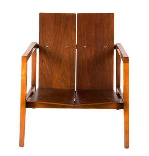 Lewis Butler for Knoll lounge chair, model 645: Comprised of walnut and maple, the two plank back and seat sits on the wood jointed frame, retains "Knoll" label to underside of seat, 28 in. (71.12 cm.) high &nbsp; Condition: Scuffs, scratches and n