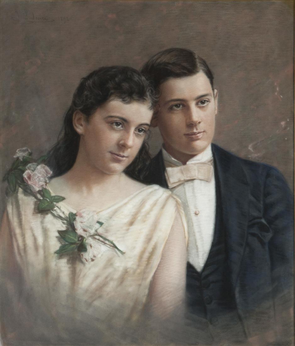 Julius Ludovici (American, 1837-1906): Portrait of Mabel and Lawrence Sutton Ainsworth, 1892. Pastel on canvas, signed and dated (upper left). Sight 27 in. high x 23 in. wide, (with frame 15.5 in. x 31 in. wide). 