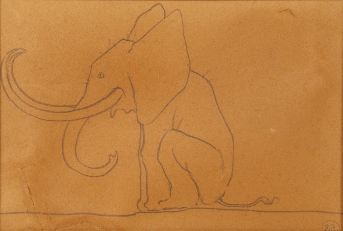 Maxfield Parrish (American 1870-1966) Pencil drawing: Elephant, with authentication certificate from Alma Gilbert dated 1977. Matted and framed, image 9.5 in. x 6.5 in. (with frame 17.5 in. x 15.5 in.).