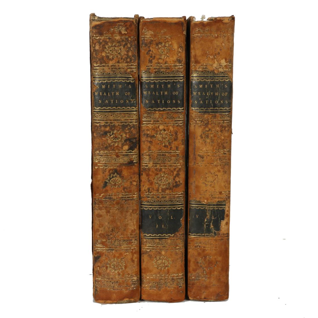 SMITH, ADAM. An Inquiry into the Nature and Causes of: London: Cadell, 1805. 11th Edition. Complete in 3 volumes. 8vo. Full period tree calf, richly gilt. From the collection of Ed Grabhorn of the Grabhorn Press and previously by “Bright Smith&rdquo