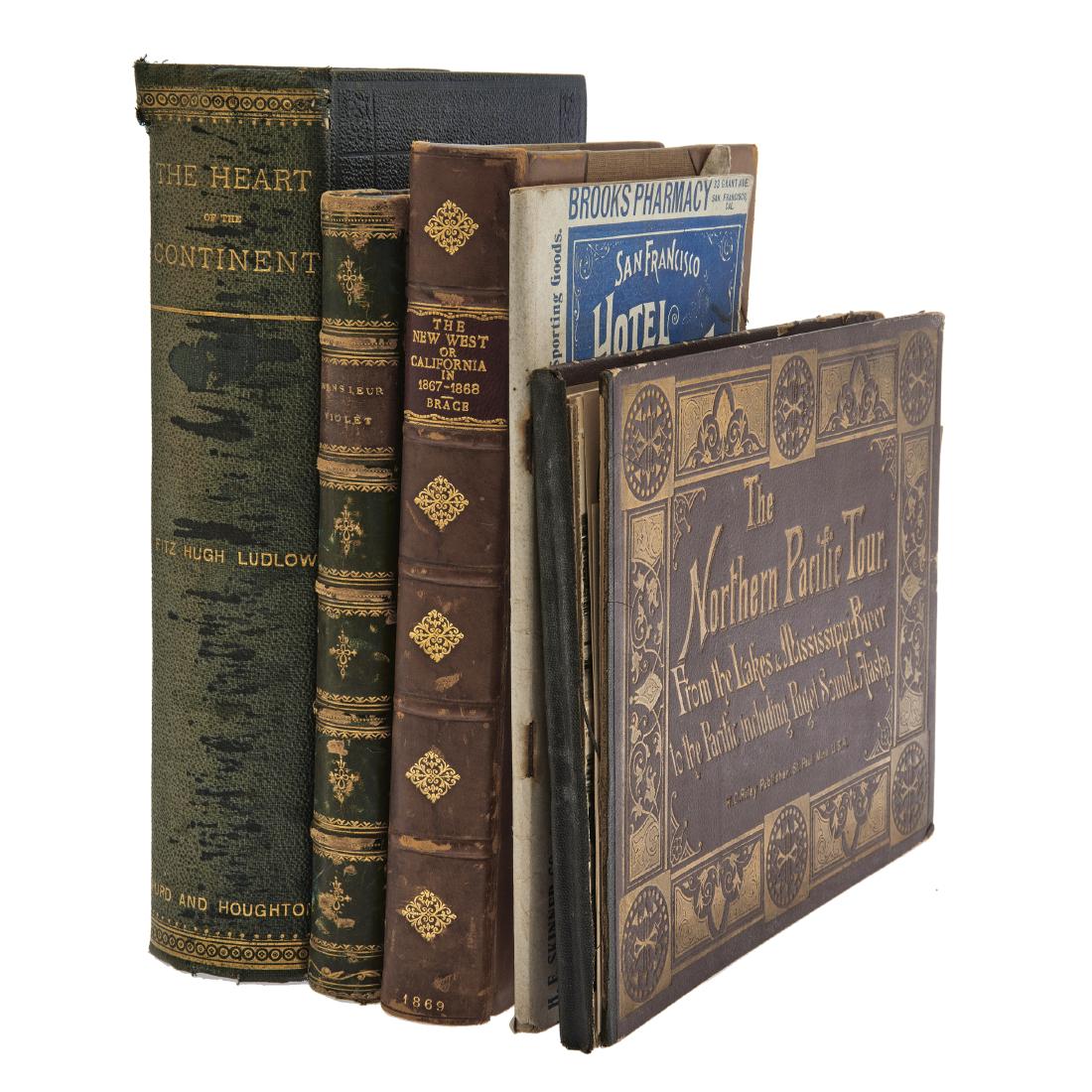 A group of five 19th Century books on California and: 1) The Northern Pacific Tour… St. Paul: W. C. Riley, [1888]. 2) LUDLOW, FITZ HUGH. The Heart of the Continent a Record of Travel Across the Plains and in Oregon. New York: Hur