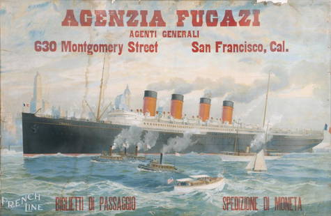 Agenzia Fugazi French Line Poster: Advertising poster for the Fugazi travel agency, San Francisco, circa 1920.&nbsp; The image is from a print by Richard Rummell (American 1848-1924) &nbsp;Sight measures 27 in. high x 41 in. wide, (wit