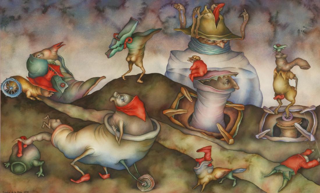 Sandro de la Rosa (Cuban, b. 1972) watercolor: Untitled watercolor. Signed and dated 1999 lower left. Sight measures 22.5 in. height x 36.5 in. width, (with frame 33.5 in. height x 47.5 in. width). Sandro de la Rosa was born in Havana, Cuba, in 19