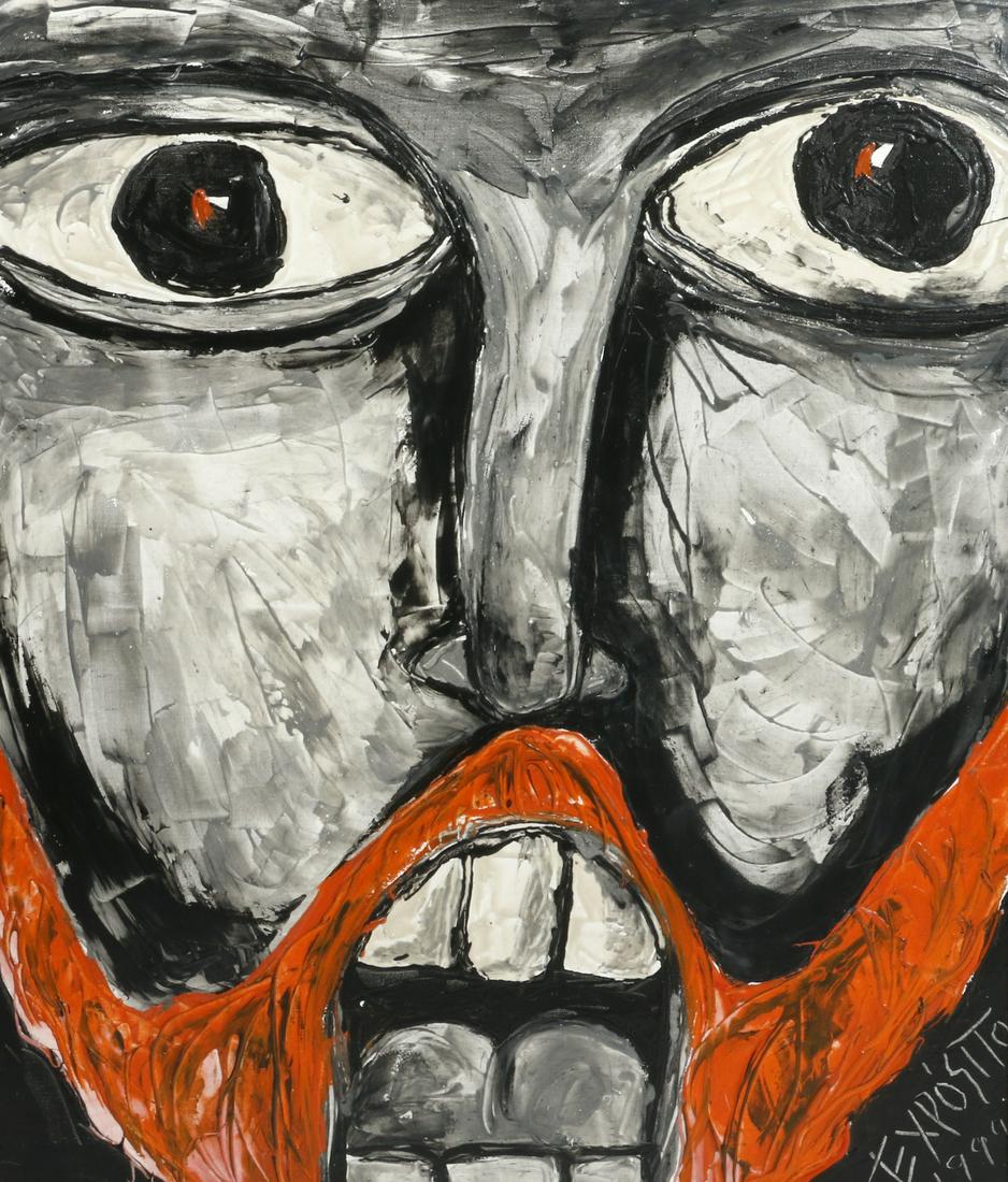 Eduardo Exposito Gonzalez (Cuba, b. 1964): Untitled, black, white & orange portrait. Oil on canvas, signed lower right. 46 in. height x 39 in. width. Exposito is from a family of artists in Havana, Cuba. His grandfather was a painter. Exposito