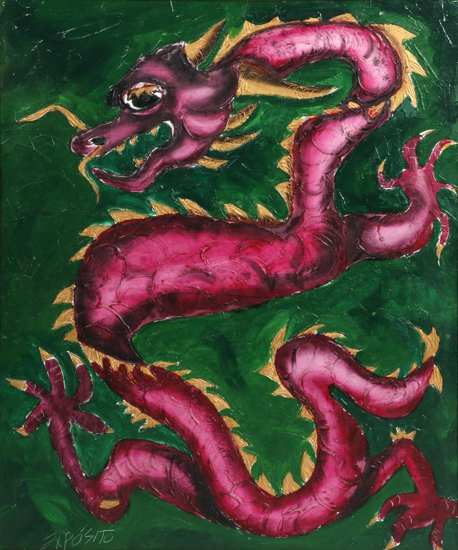 Eduardo Exposito Gonzalez (Cuba, b. 1964): El Ano del Dragon de Oto, depicting a five clawed writhing dragon,Â acrylic on muslin. Signed lower left, with pencil sketch on reverse. 45 in. height x 38 in. width (Framed). Exposito is from a fa