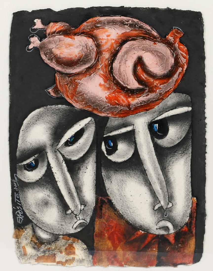 Eduardo Exposito Gonzalez (Cuba, b. 1964): Portrait of two figures with Santeria imagery. Acrylic, mixed media on wove paper. Signed lower left. 39 in. height x 33 in. width (framed) Condition: In very good condition. Exhibited: