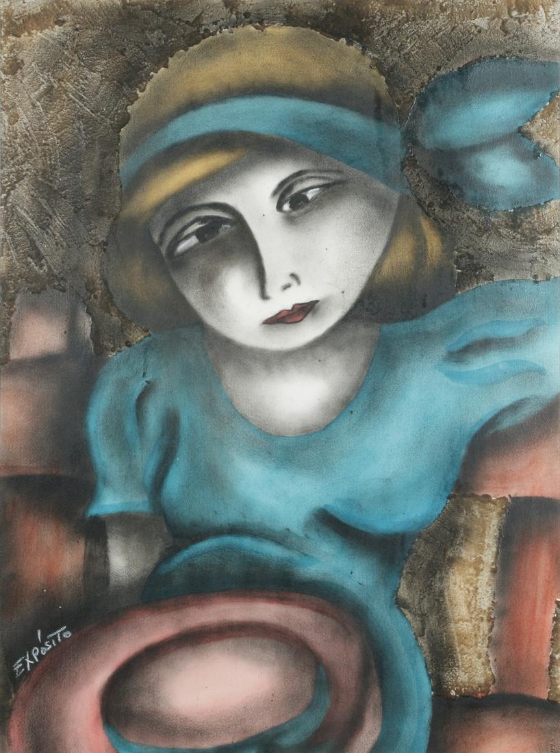 Eduardo Exposito Gonzalez (Cuban, b. 1964): Young woman with Batea,Â pastel on paper, signed lower left. 40 in. height x 33 in. width (framed) Â Condition: In good condition. Exposito is from a family of artists in Havana, Cuba. His grandf