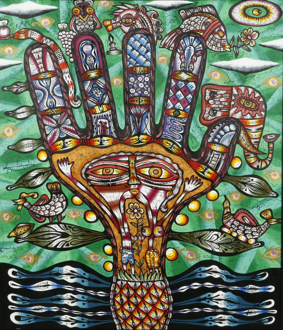 Guillermo Socarras Hernandez (Cuban, b. 1961) mixed: "Armona" (Harmony), vibrant abstract composition executed in acrylic on canvas. Signed at right on front, inscribed and titled on verso. Sight measures 54 in. height x 46 in. width (frame 58 in. heigh