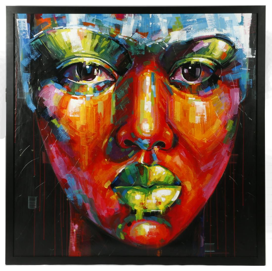 Maikel Bello (Cuban) painting: Untitled oil on canvas. Unsigned. Sight measures 56.5 in. height x 56.5 in. width (with frame 60 in. height x 60 in. width). Maikel Bello's portraits of women with vibrant colors and fascinating style