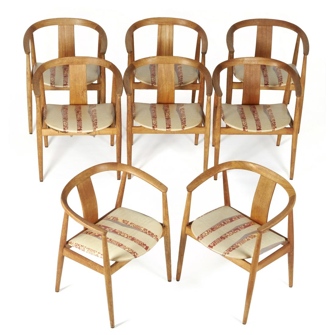 Set of 8 Tove and Edvard Kindt-Larsen armchairs: Executed in the classic Danish mid century modern style, the curved crest-rail having a single vertical splat back and rising on tapering legs, height 29 in. (74 cm.), width 24 in. (61 cm.), depth 17 