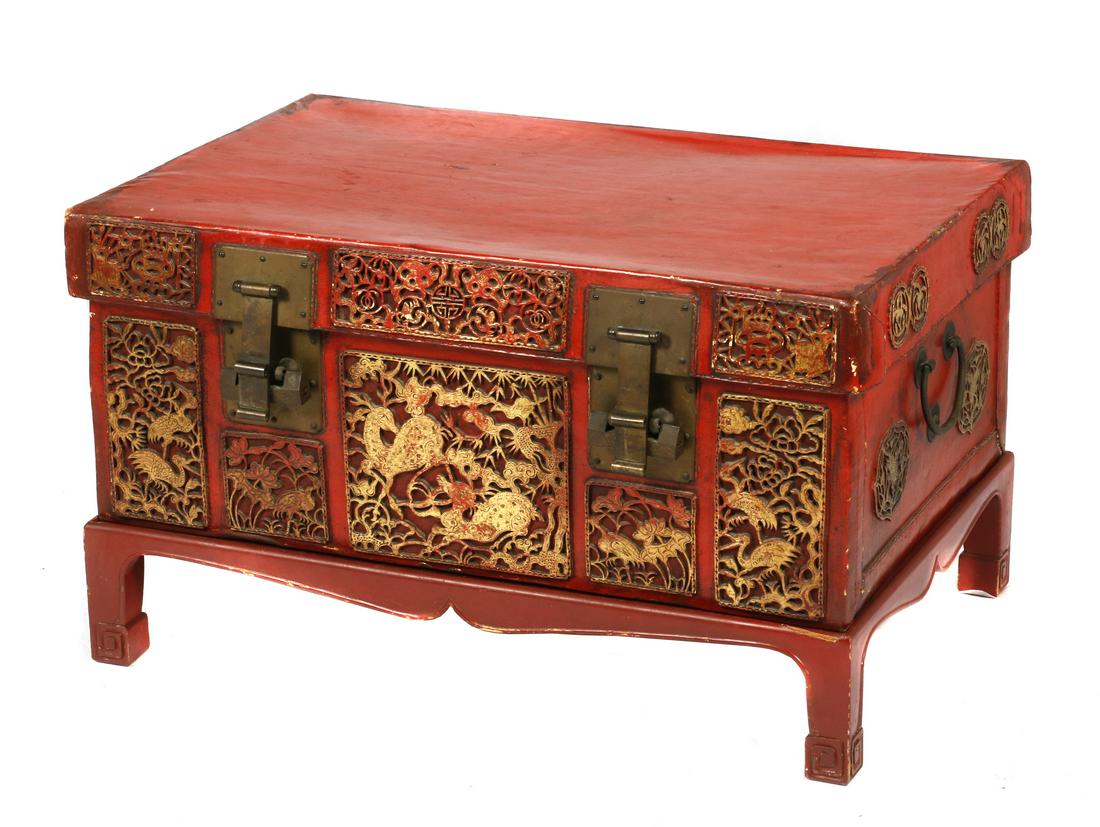 A Chinese red lacquered leather chest and stand (1 of 5)
