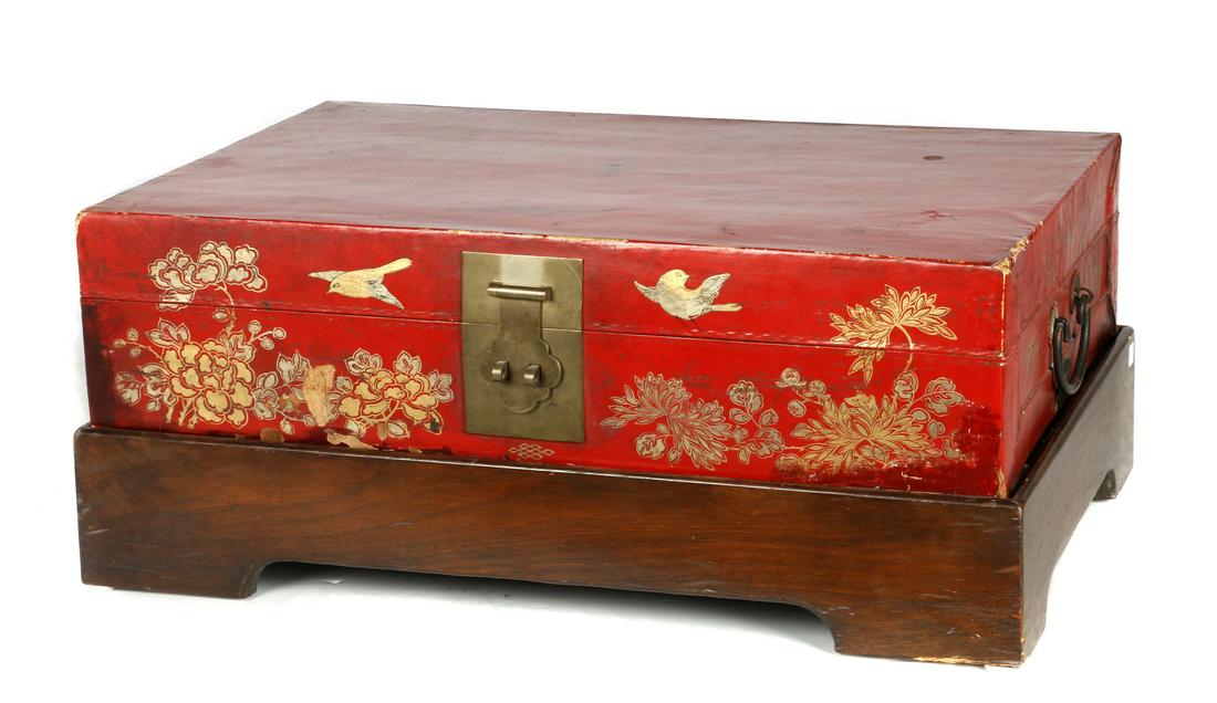 A Chinese red painted leather chest (1 of 4)