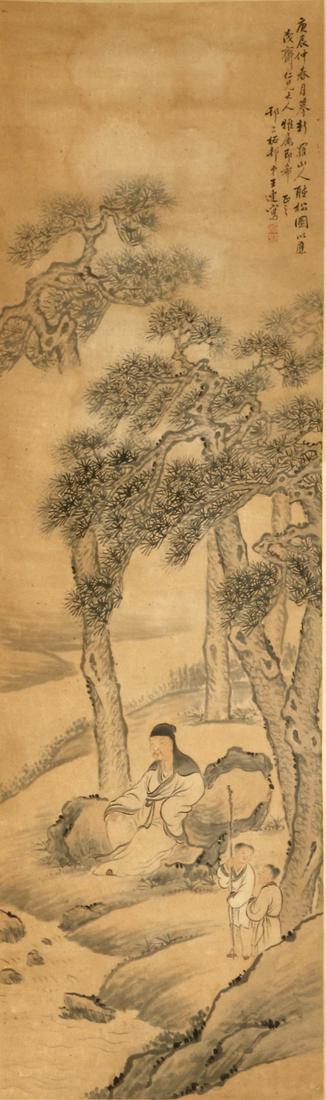 Style of Hua Yan (1682-1756): Scholar under Pine: Hanging scroll, ink and color on paper, inscribed, dated and signed, with one artist's seal. 50in. H x 14 1/2in. W