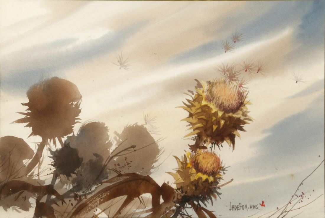 Jade Fon (1911-1983): Sunflowers: Watercolor on paper, signed and inscribed 'Jade Fon A.W.S.' 14 1/4in. H x 21 1/4in. W