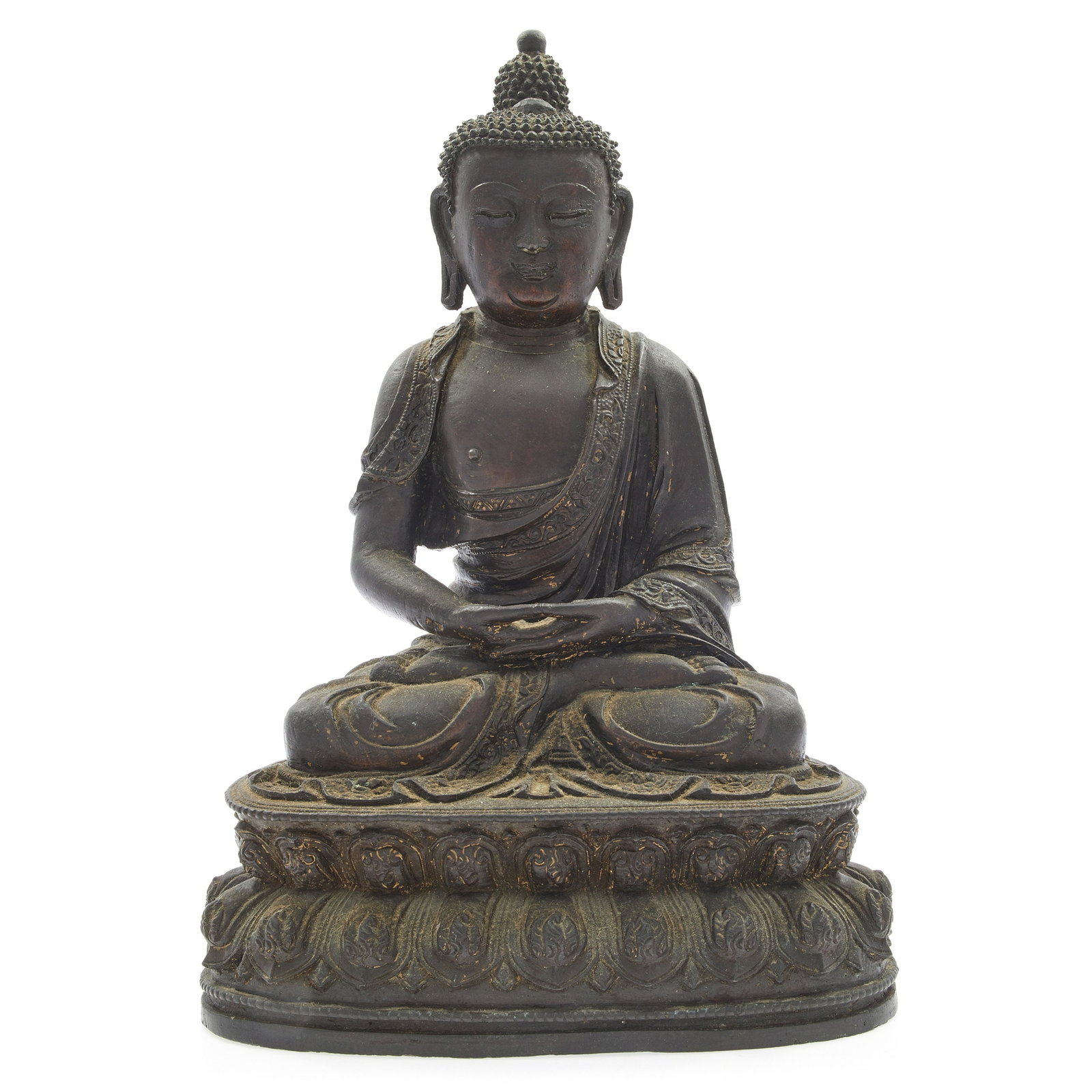 A Chinese bronze figure of Buddha, Ming dynasty: The serene figure surmounted by a protruding usnisa and finely cast hair curls, seated in the posture and gesture of meditation, dressed in a robe draped over the shoulders exposing the chest, all 