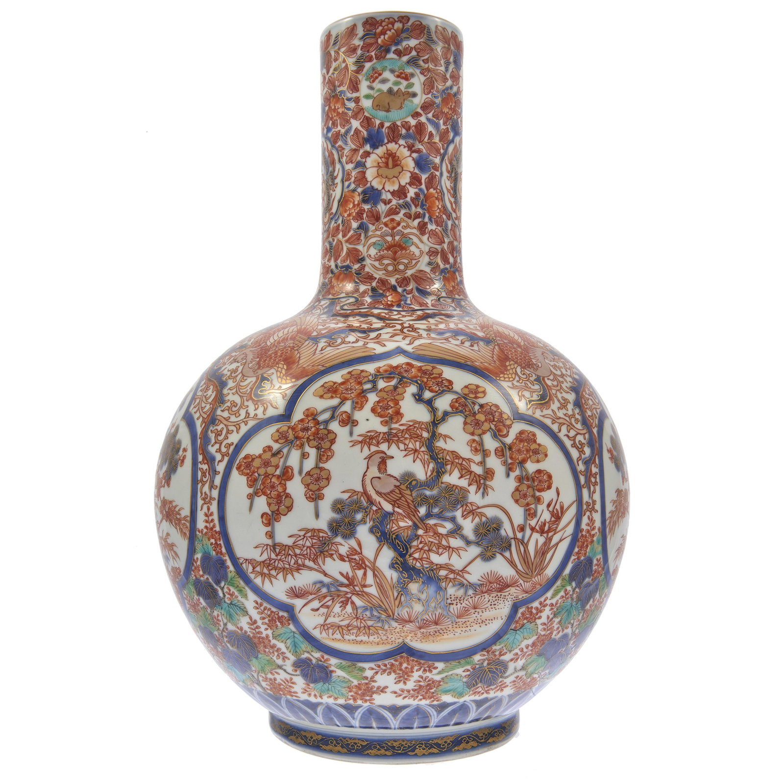 A Japanese Imari vase, Meiji period: Of globular form decorated in iron-red enamels with panels of birds and flowers on an allover ground of dragons and phoenix amongst flowers and scrolling foliage, the recessed base signed. Height: 15 