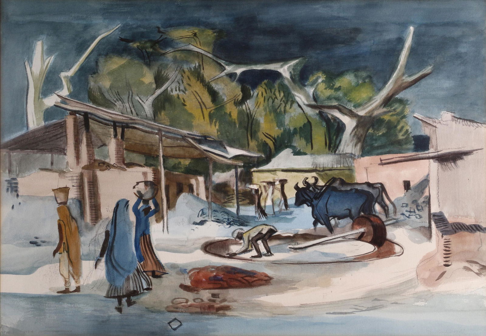 Millard Owen Sheets (American, 1907-1989): Village scene, India, 1944. Watercolor on paper, signed 'Millard Sheets', lower right. Sight measures 22 3/4 in. h x 30 1/2in. w, (with frame 31in. h x 38in. w) Provenance: Gumps, San Francisco. Condi