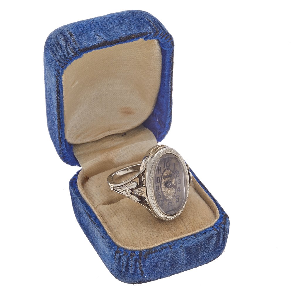Ladies Art Deco 18k White Gold Watch Ring (1 of 6)