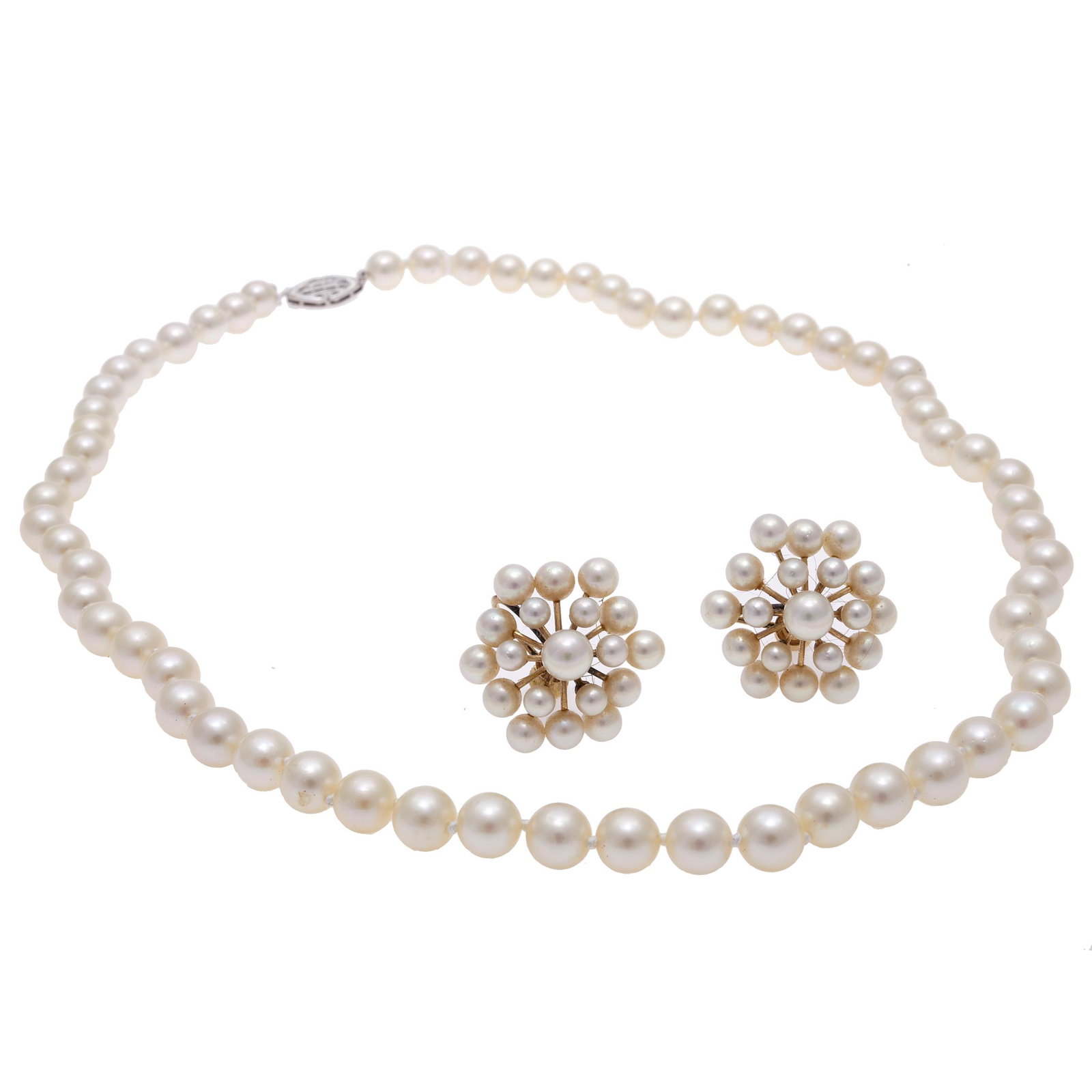 Cultured Pearl, 14k Necklace and Pair of Mikimoto: Including one pair of ear clips, each featuring nineteen round cultured pearls ranging from approximately 6.0 to 3.0 mm, set in 14k yellow gold mountings, signed Mikimoto; together with sixty-two