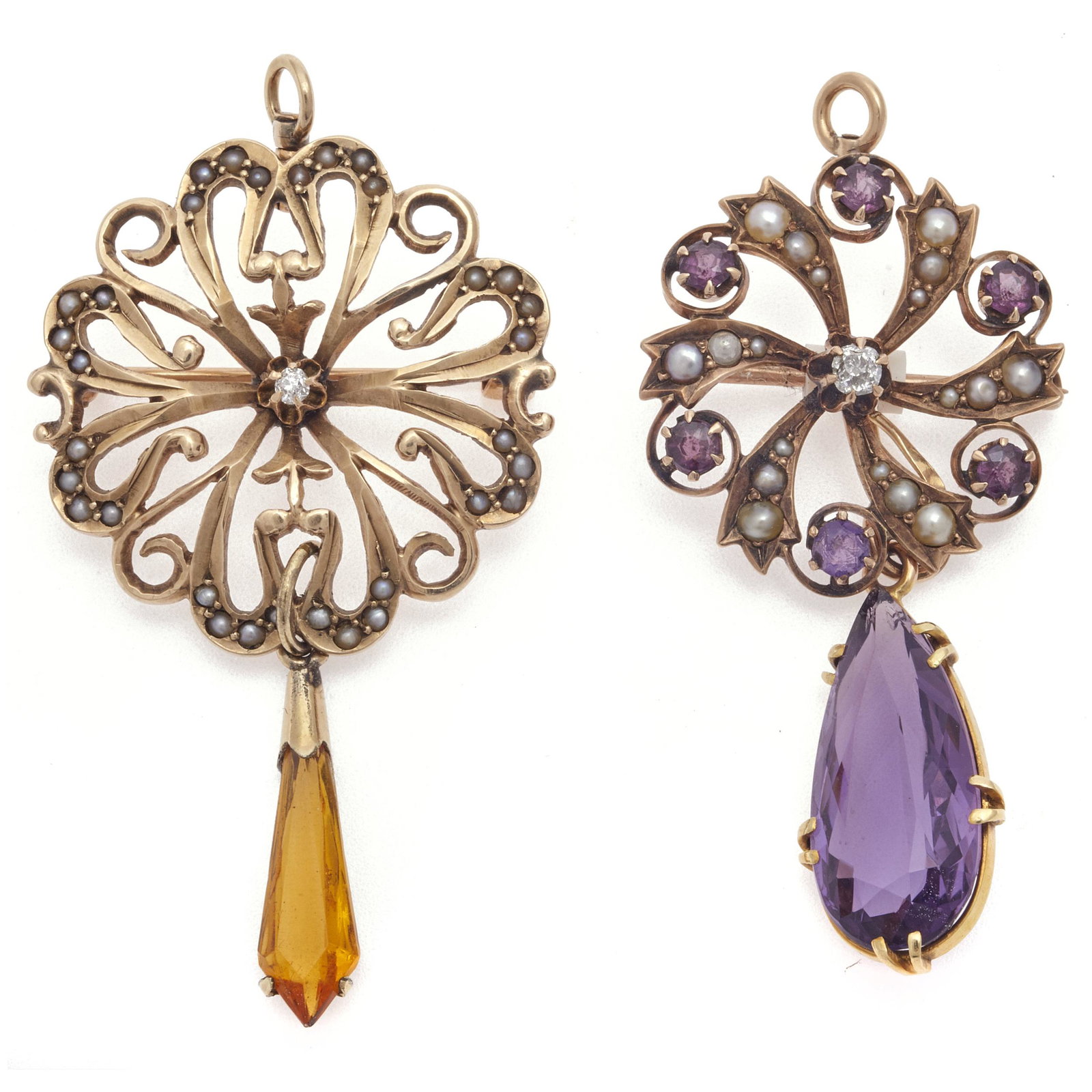 Two Diamond, Colored Stone, Seed Pearl, Pin Pendants (1 of 2)