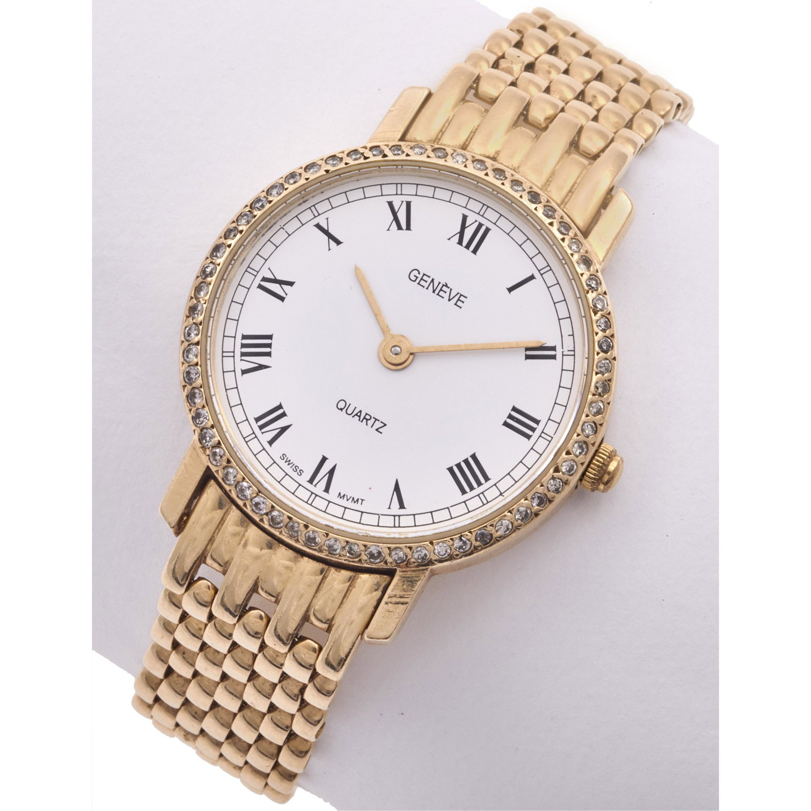 Ladies Geneve diamond, 14k Yellow Gold Wristwatch: DIAL: Round, white, black Roman numeral hour markers, black outer minutes track, gold index hands, Geneve, Swiss. MOVEMENT: Quartz (case not opened). CASE: Round, 14k yellow gold, 3ATM Water Resistant