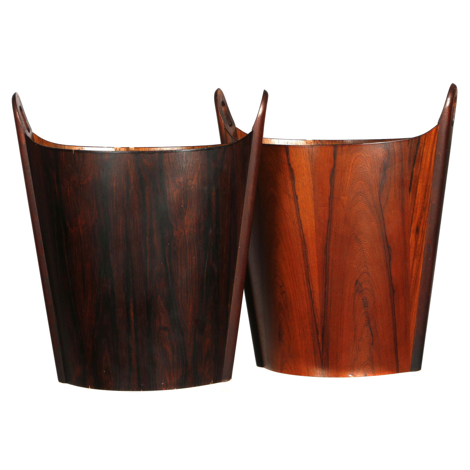 Pair of Rosewood Wastebaskets Einer Barnes: Einar Barnes for P.S. Heggen, Norway, mid 1960's. Each richly grained tapering ovoid form surmounted by loop handles.Â 17in. (43cm) H 9in. (23cm) W 16in. (41cm) L