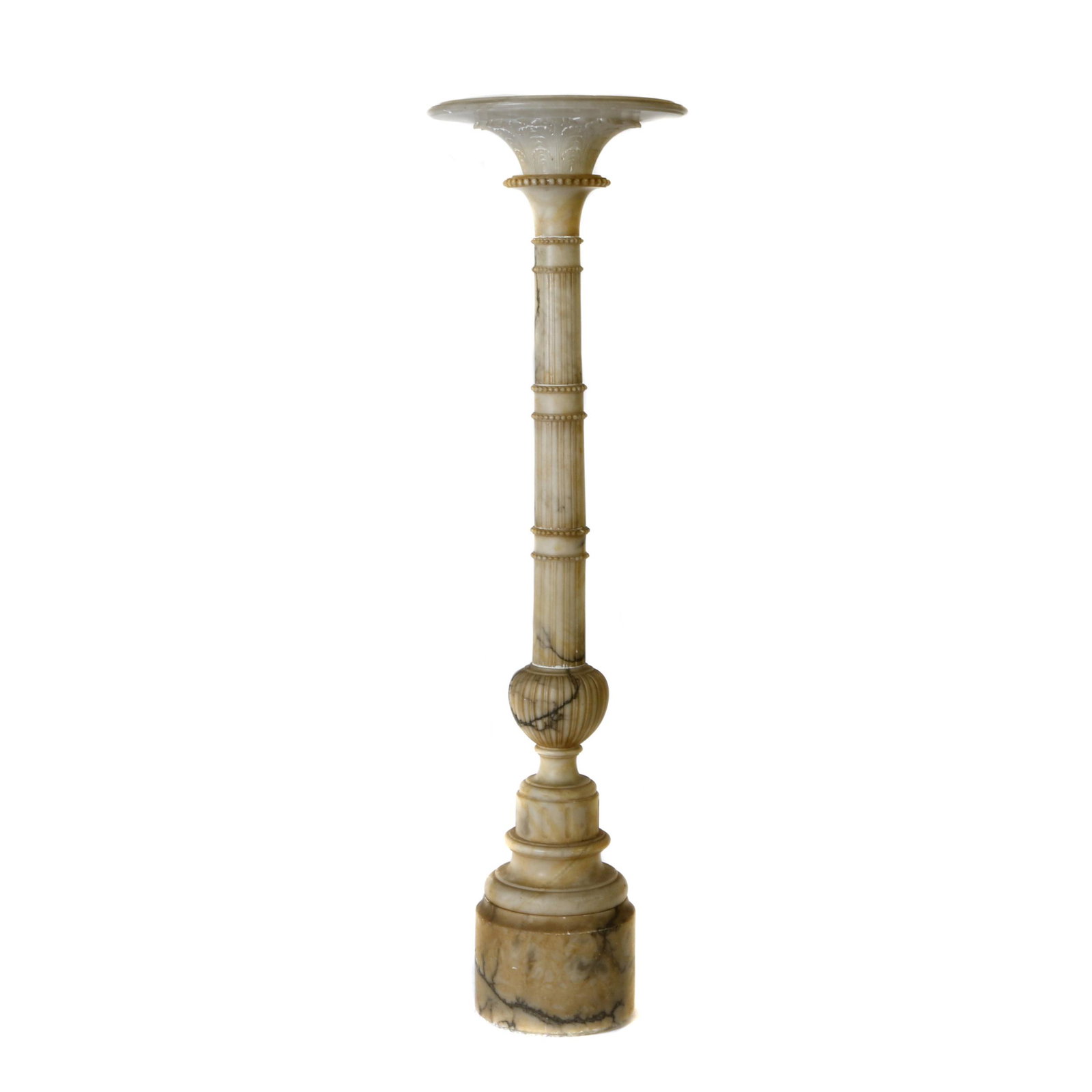 Neoclassical Alabaster Torchiere: The reeded and bead banded column supporting a Corinthian bobeche. 64in. (162cm); 16in. (41cm) d