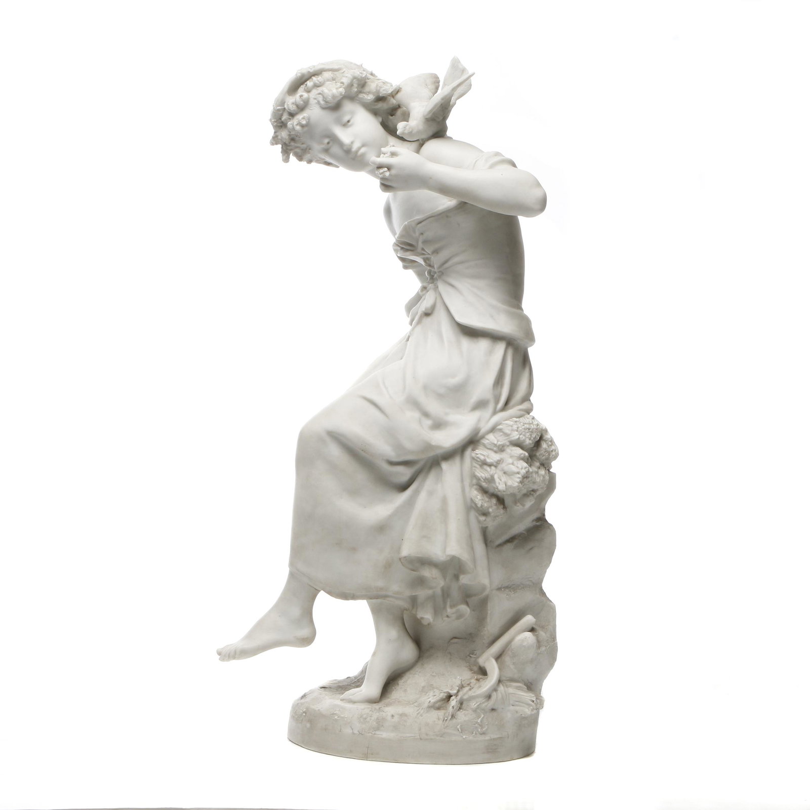 Mathurin Moreau (French, 1822-1912) Marble sculpture: Signed Math. Moreau. Mid 19th Century. An allegory of Autumn, a beauty poised with scythe, holding a sheaf of harvested grain. 23in. (58cm) h 9in. (23cm) diameter at base.
