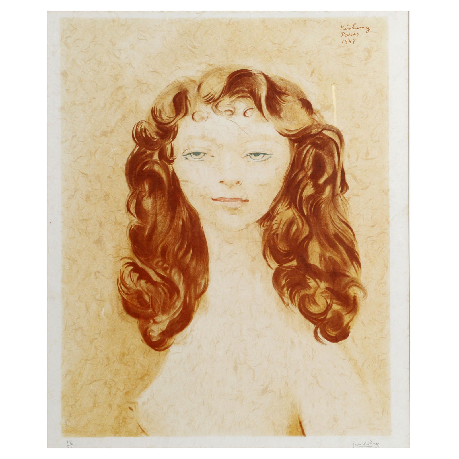 Moise Kisling (1891-1953) Portrait of a Redhead: Portrait of a Redhead. Print. Signed and stamped by Jean Kisling and numbered 12/15 in lower margin. Sight measures 23 in. high x 19.5 in. wide, (with frame 31 in. high x 25 in. wide). Born in Cracow,