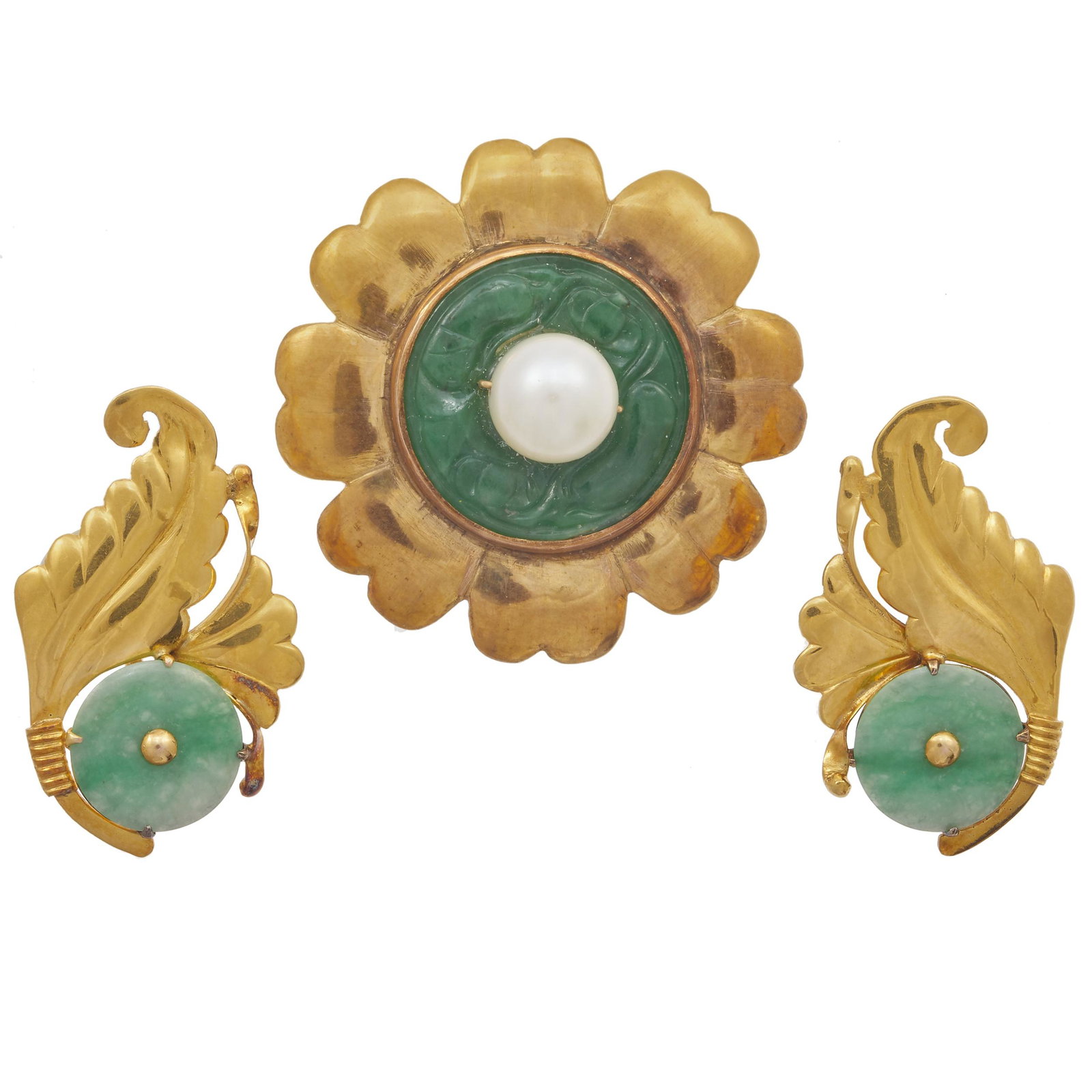 Collection of Jade, Cultured Pearl, 14k Jewelry Items: Including a pair of ear clips, each designed in a foliate motif, featuring a round jadeite disc set in 14k yellow gold mountings measuring approximately 27.3 x 16.9 mm; together with a pin pendant des