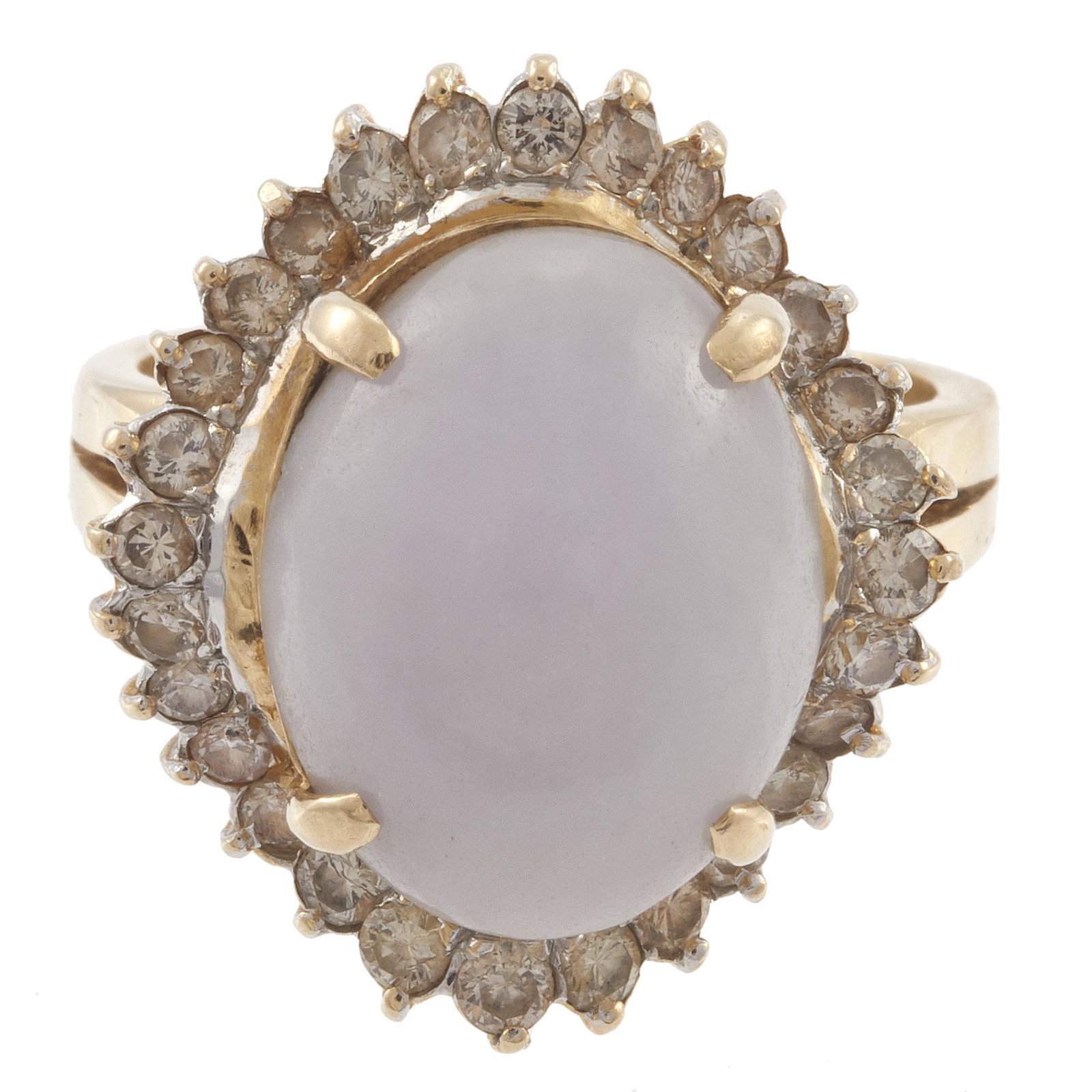 Jade, Diamond, 14k Yellow Gold Ring: Centering one oval lavender jadeite cabochon measuring approximately 14.0 x 11.0 mm, accented by twenty-eight round brilliant-cut diamonds weighing a total of approximately 0.56 cttw., set in a 14k ye