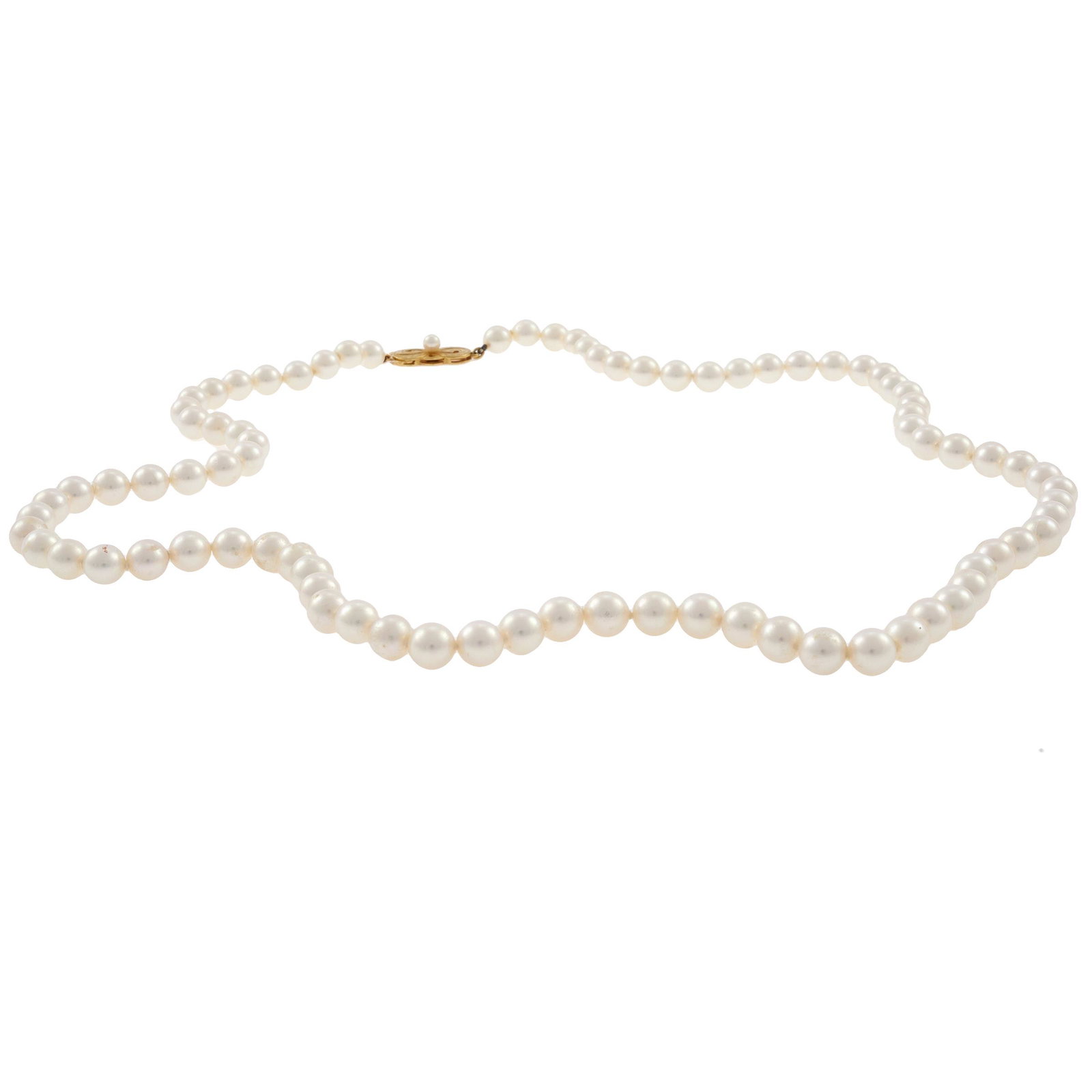 Mikimoto Cultured Pearl, 18k Necklace: Composed of eighty-three round cultured pearls each measuring approximately 6.0 mm, completed by an 18k yellow gold hook and box clasp accented by one round cultured pearl measuring approximately 3.5 