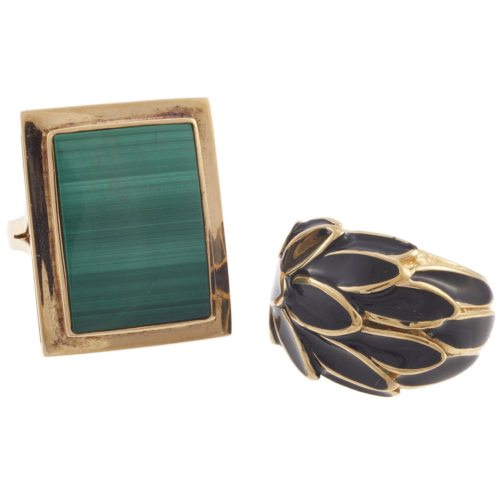 A Collection of Malachite, Enamel, Yellow Gold Rings: Including one rectangular-shaped malachite plaque set in a 14k yellow gold ring mounting measuring approximately 22.3 x 17.7 mm, size 4 3/4; together with multiple leaves highlighted by black enamel,
