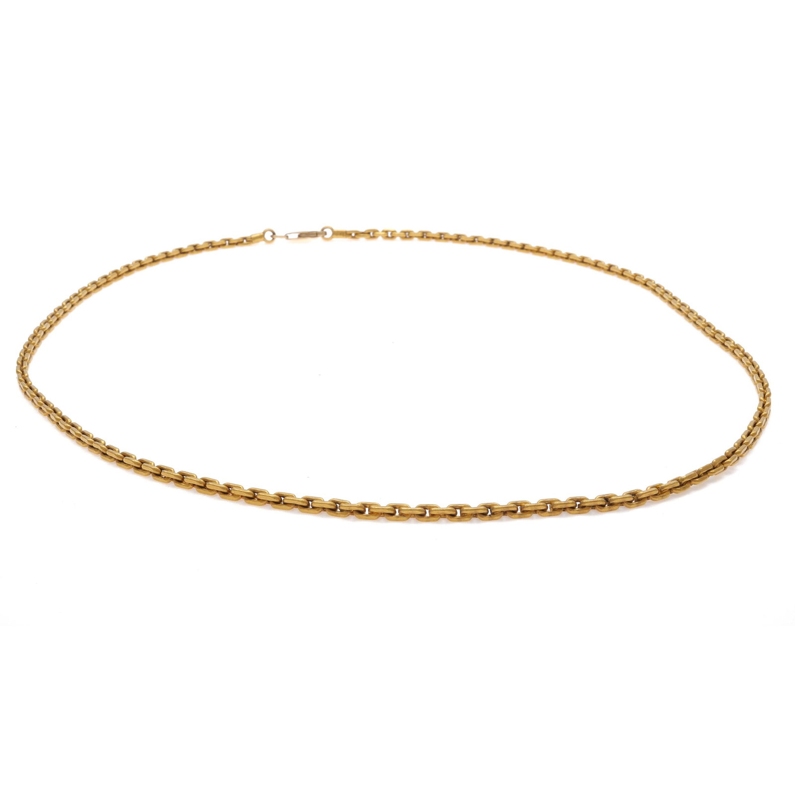 22k Yellow Gold Cable Link Necklace: The 22k yellow gold square cable links, completed by a 14k yellow gold lobster claw clasp, forming a 23 inch necklace. Gross weight: 48.5 grams.