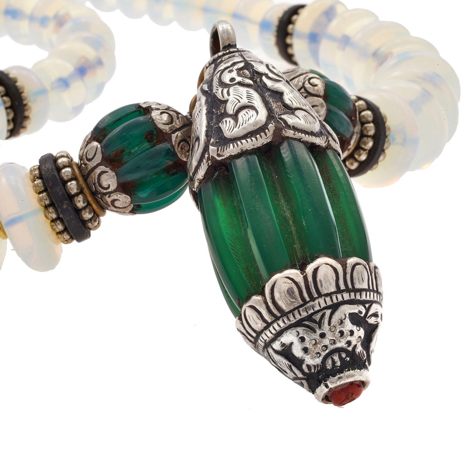 Masha Archer Malachite, Dyed Wood, Glass Necklace: Featuring one green glass capped with sterling silver pendant suspended from green glass melon shaped-beads, opaline glass rondelle-shaped beads and dyed wood spacer beads, terminating to two round