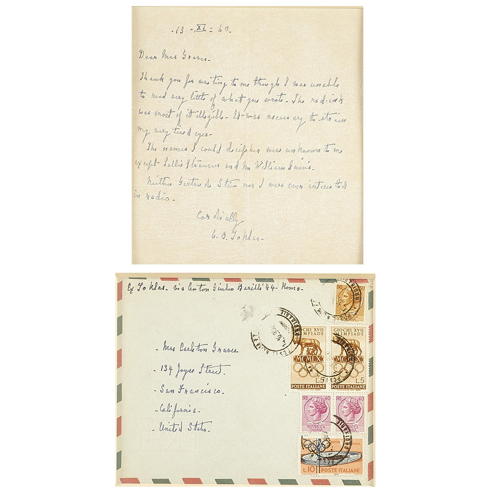 Toklas, Alice B. Autographed letter (1877-1967): Written in black ink on cream color paper, dated 13 November, 1960, with envelope. Addressed to Mrs. Carleton Graves, San Francisco, and signed 'Cordially, A.B. Toklas. The body of the letter states t