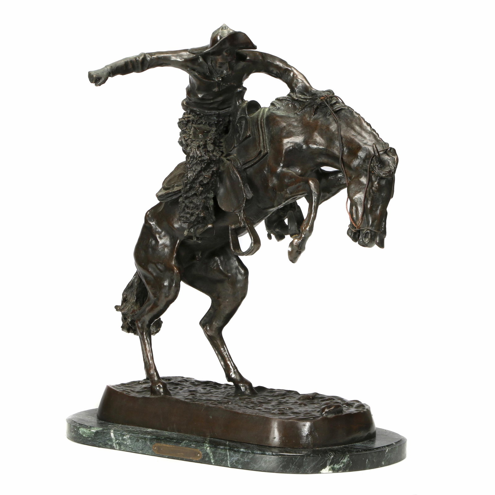 Frederic Remington, 'Bronco Buster' Reproduction: Frederic Sackrider Remington (American, 1861-1909). 'Bronco Buster' Reproduction. Bronze. Measures 20 in. high x 17 in. wide at base. Condition: In good condition.