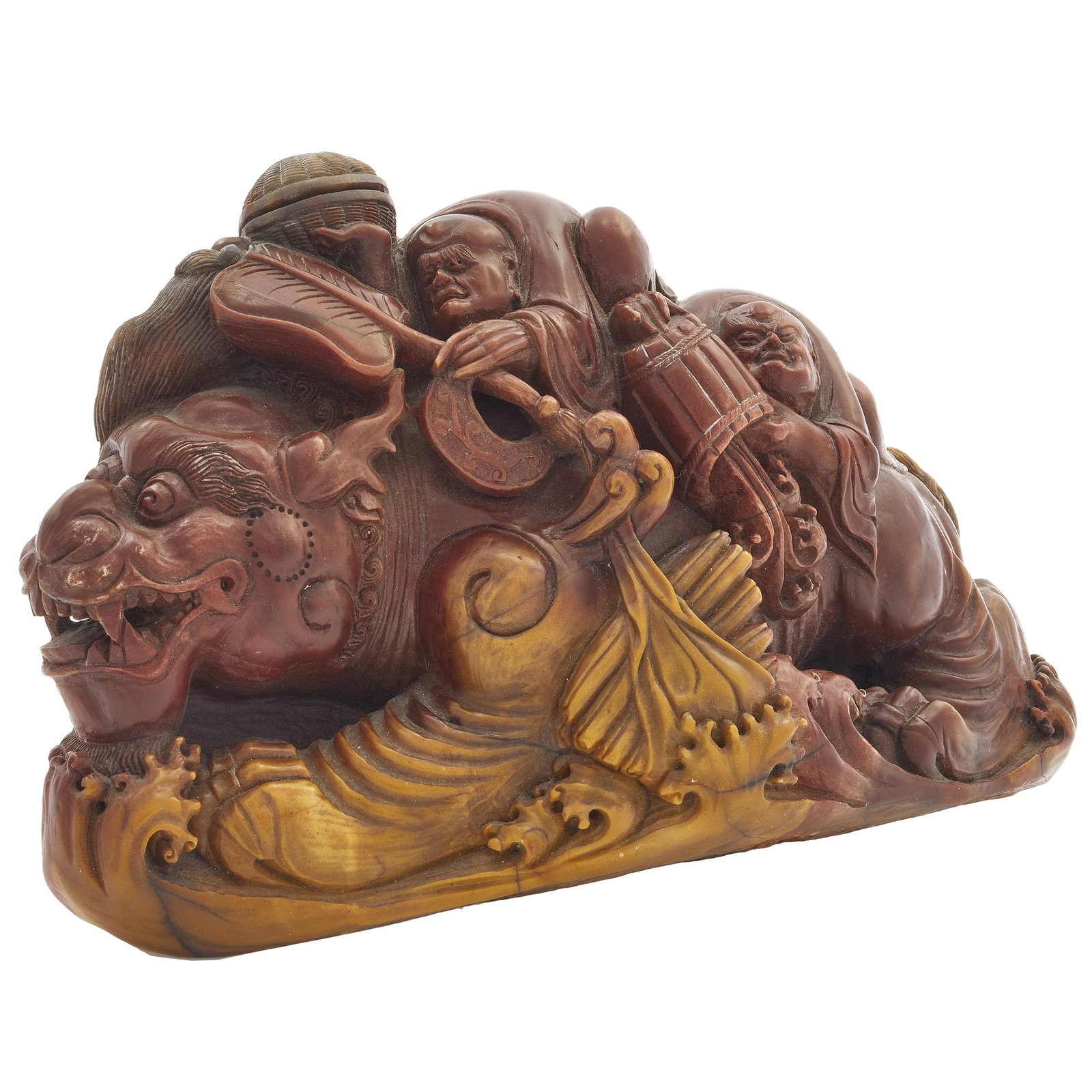 Soapstone Carving of a Mythical Beast, Late 20th: Featuring two luohan figures riding a mythical beast above crashing waves. Width: 8 3/8 inches