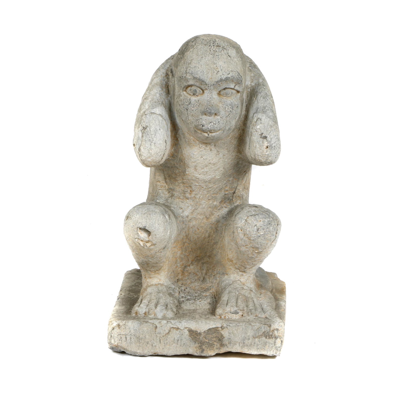 Large Limestone Figure of a Monkey, Ming dynasty: The crouching animal with hands covering its ears. Height: 20in.