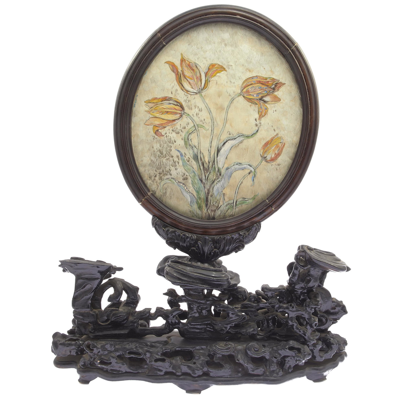 Wood Framed Painted Feather and Glass Mirror Table: The oval screen with one side decorated with various painted feathers to depict iris blossoms, the reverse featuring a glass mirror, set in a carved wood stand of of lingzhi branches. 27 5/8in. H x �