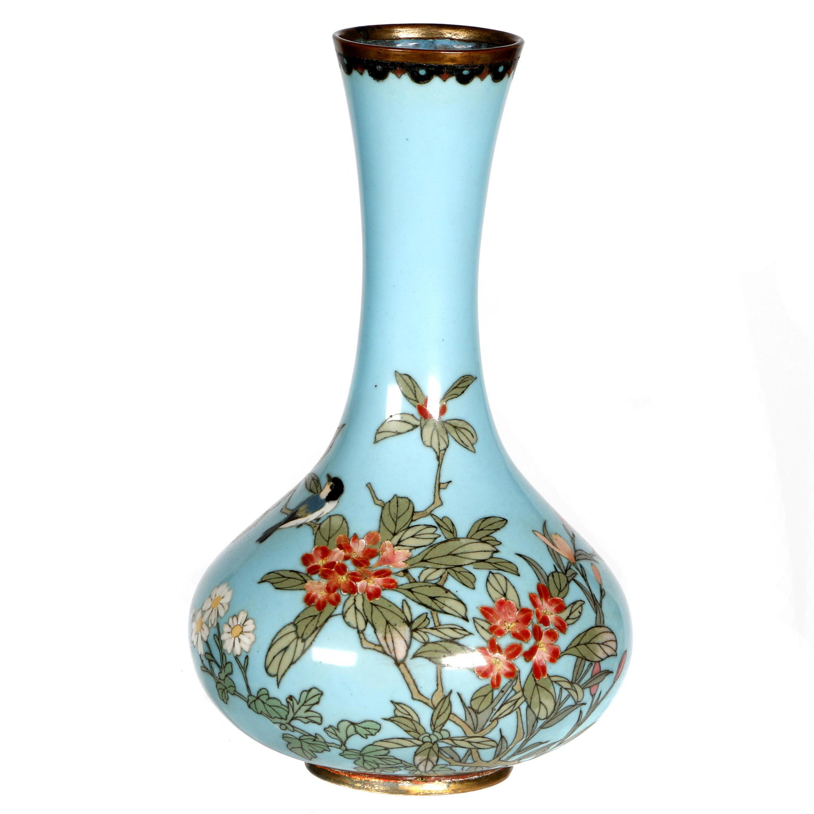 Japanese Cloisonne Enamel Vase, Meiji period: Decorated with a song bird in perched on a flowering branch set against a turquoise blue ground. Height: 7 1/8in.