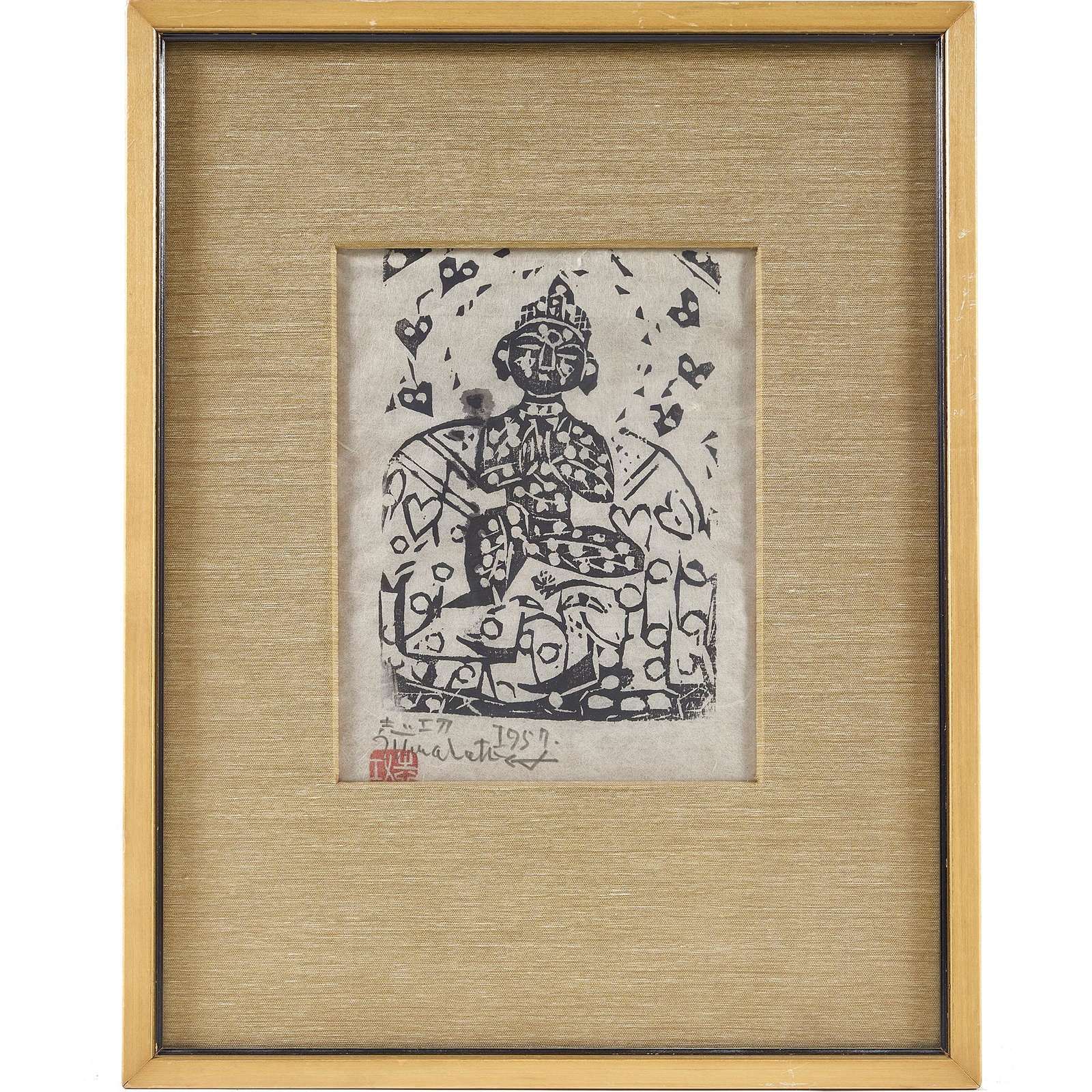 Shiko Munakata (1903-1975): Buddha in Half Lotus: Sumizuri-e woodcut, signed in pencil in Japanese Shiko, in Roman script Munakata and dated 1957, sealed in red Munakata, framed and glazed. 6 3/4 x 5 1/4 inches