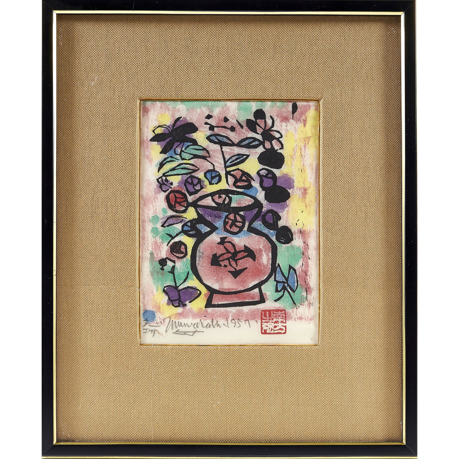 Shiko Munakata (1903-1975): Still Life: Sumizuri-e woodcut, signed in pencil in Japanese Shiko, in Roman script Munakata and dated 1957, sealed in red Munakata, framed and glazed. 7 3/8 x 5 1/4 inches