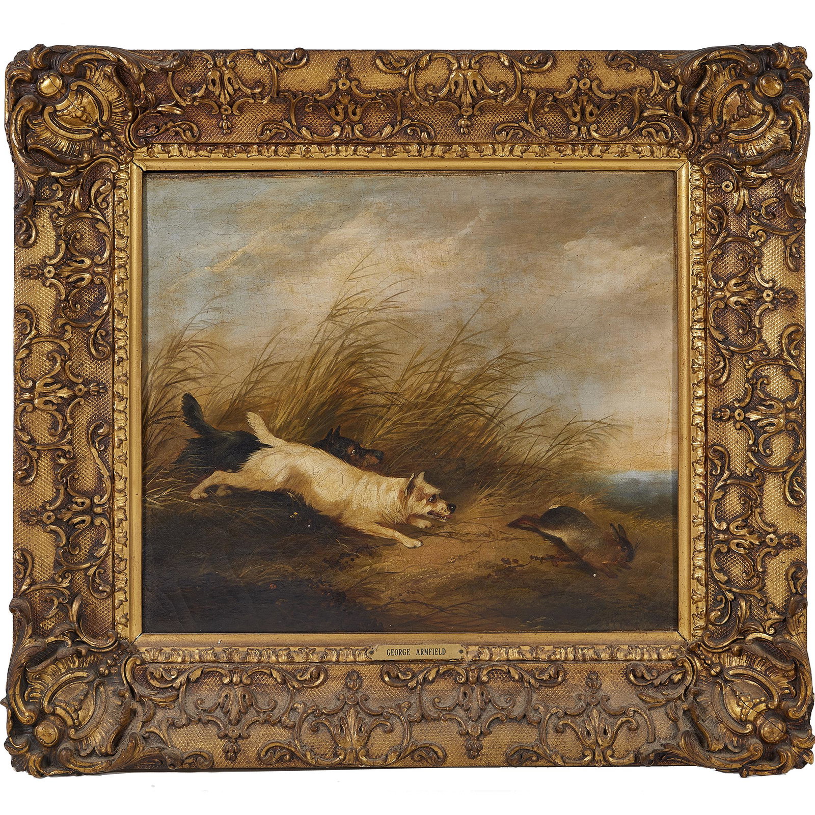 Attributed to Sir Edwin Henry Landseer, The Hunt: Attributed to Sir Edwin Henry Landseer (British, 1802-1873). The Hunt. Oil on canvas. Unsigned. Measures 12 in. high x 14 in. wide (with frame 18 in. high x 20 in. wide). Provenance: Sold, Butterfiel