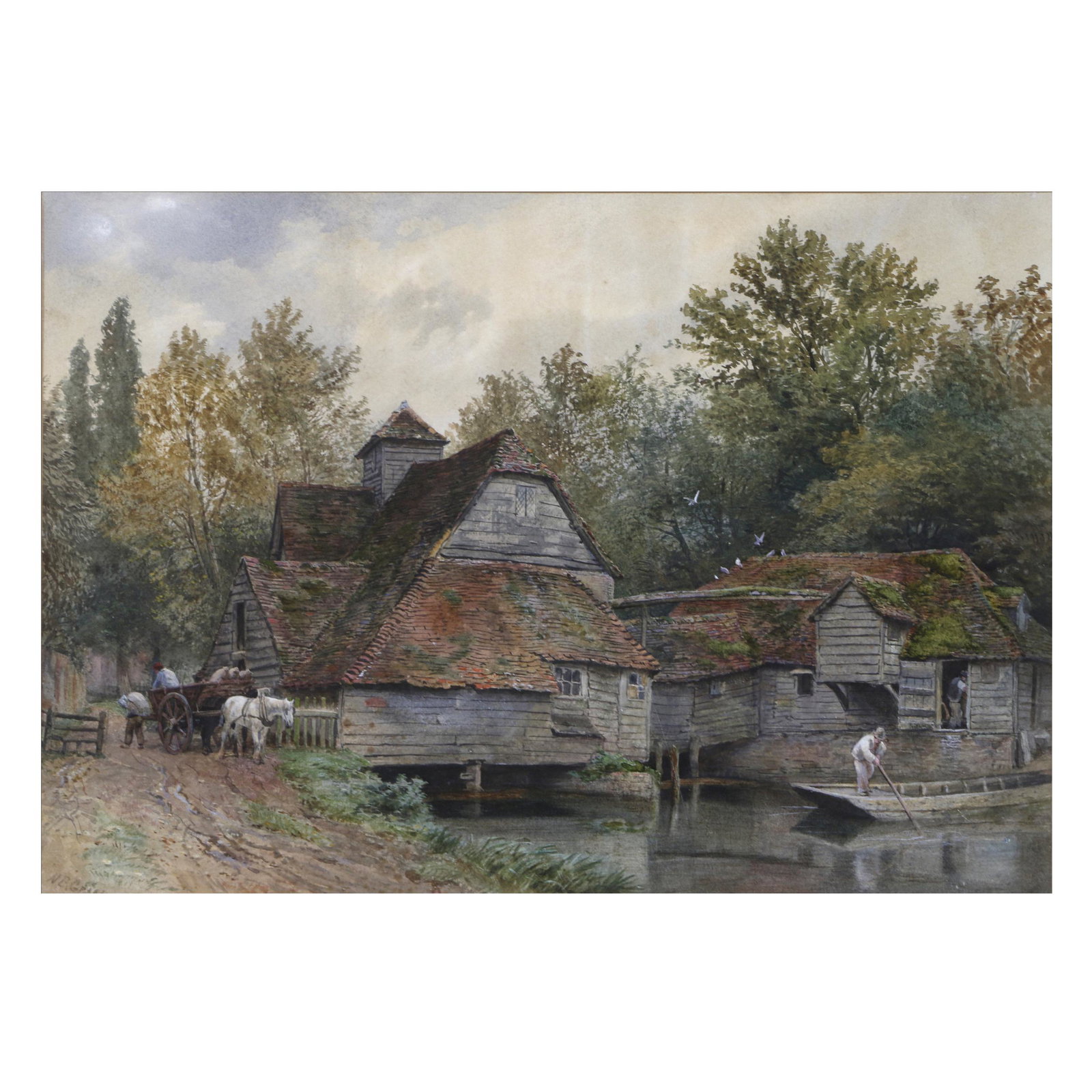 Nathaniel Everett Greene, Mapledurham Mill: Nathaniel Everett Greene (British, 1823-1899). Mapledurham Mill. Watercolor on paper. Signed 'N E Greene' lower left. Sight measures 13.75 in. high x 19.75 in. wide (with frame 22 in. high x 28 in. 