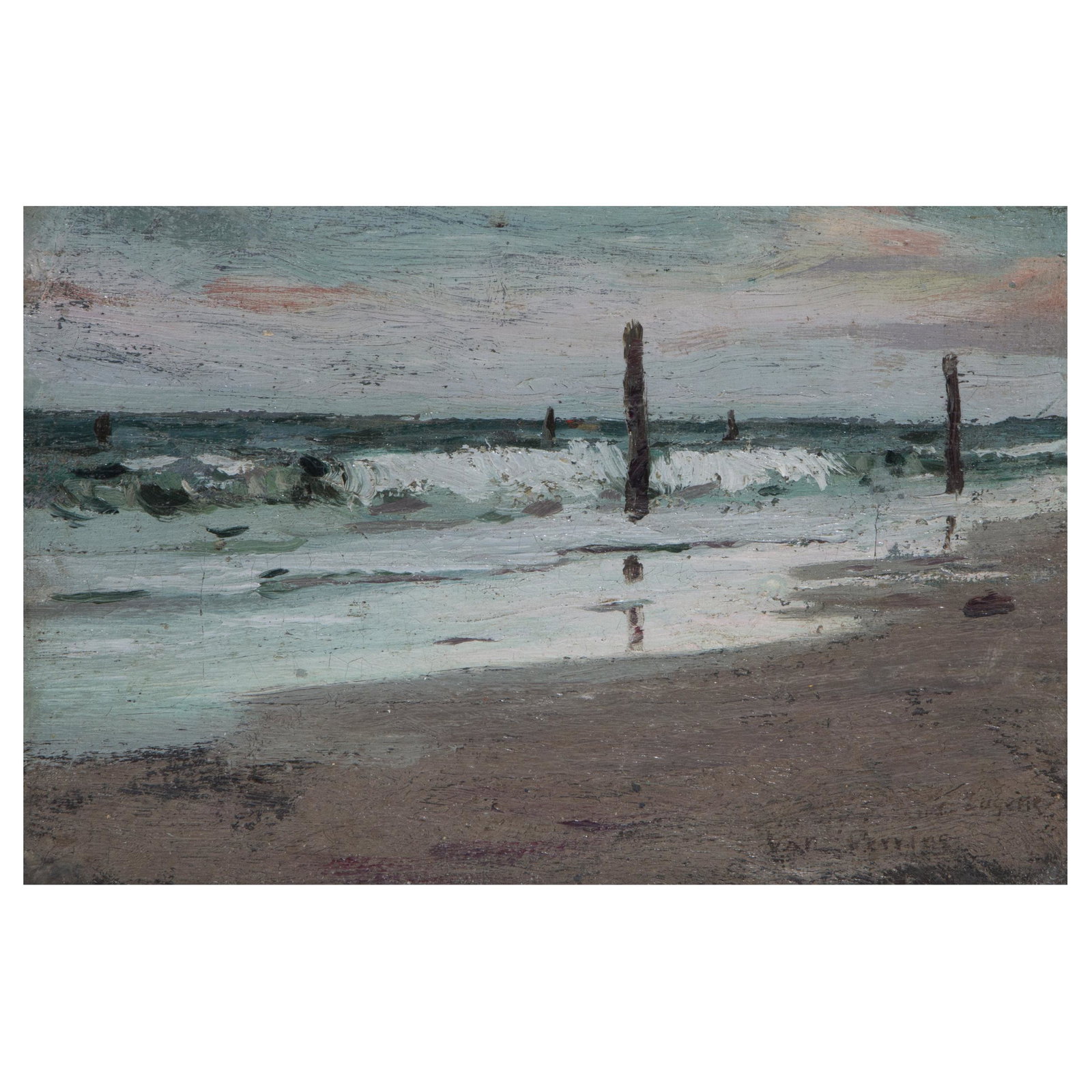 Van Dearing Perrine, Waves along the Shore: Van Dearing Perrine (American, 1869-1955). Waves along the Shore. Oil on canvas. Signed lower right. Measures 6 in. high x 9 in. wide (with frame 9.25 in. high x 12.25 in. wide). Condition: In good co