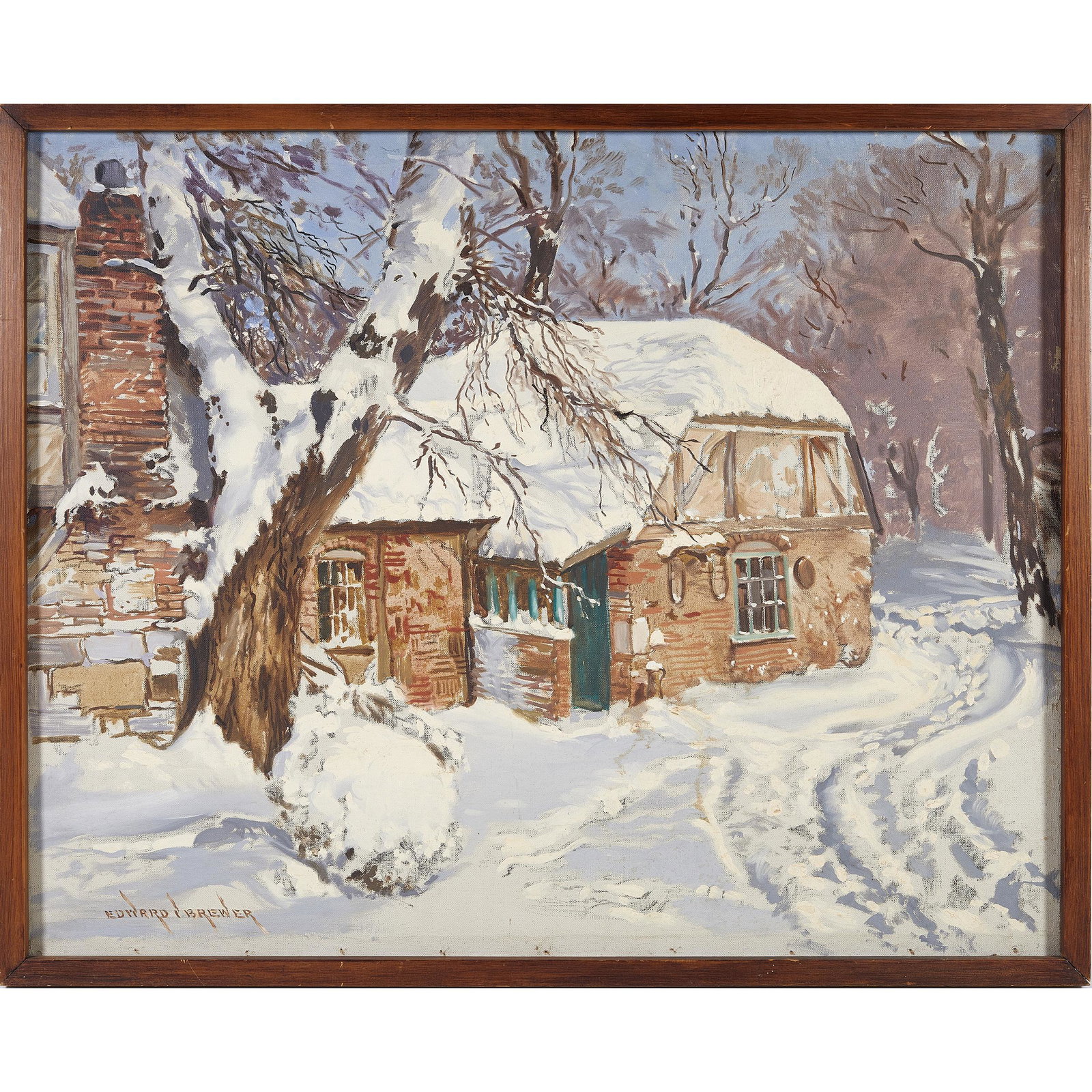 Edward Victor Brewer, Cottage in Winter: Edward Victor Brewer (American, 1883-1971). Cottage in Winter. Oil on canvas. Signed 'Edward V. Brewer' lower left. Measures 24 in. high x 30 in. wide (with frame 25 in. high x 31 in. wide). Conditi
