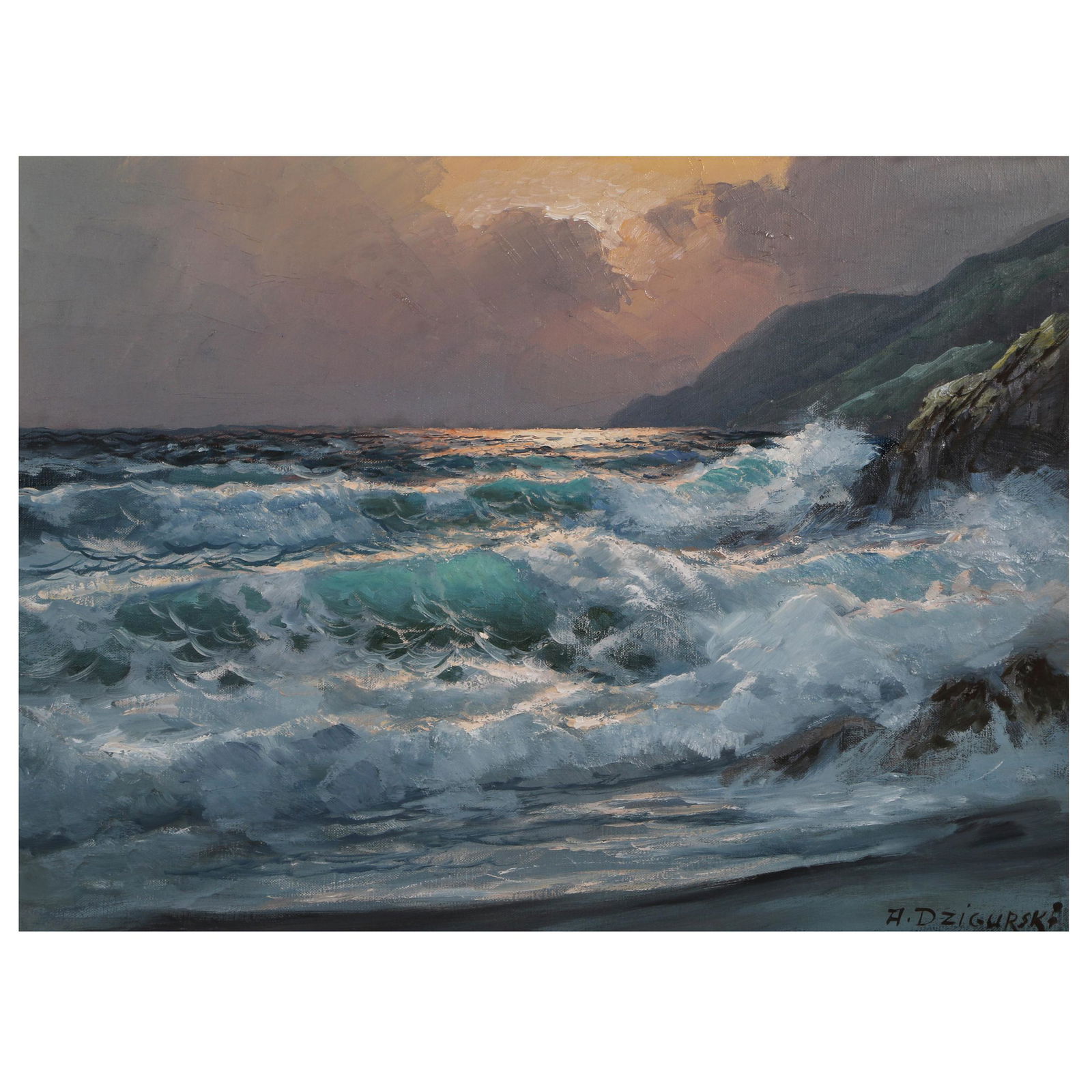 Alexander Dzigurski, Coastal Sunset: Alexander Dzigurski (Yugoslavian/American 1911-1995). Coastal Sunset. Oil on canvas. Signed 'A. Dzigurski' lower right and artist-stamped on the reverse. Measures 18 in. high x 24 in. wide (with fram