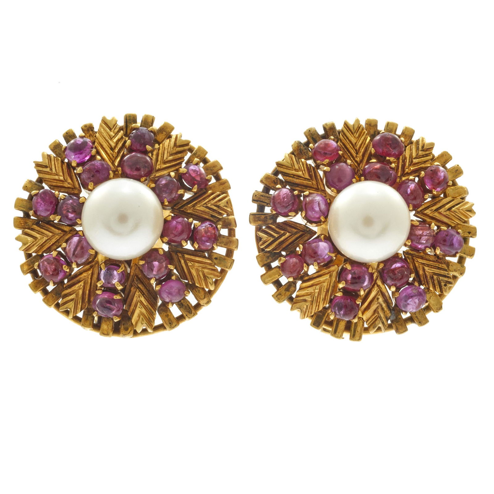 Pair of Ruby, Cultured Pearl, 18k Yellow Gold Ear Clips (1 of 2)