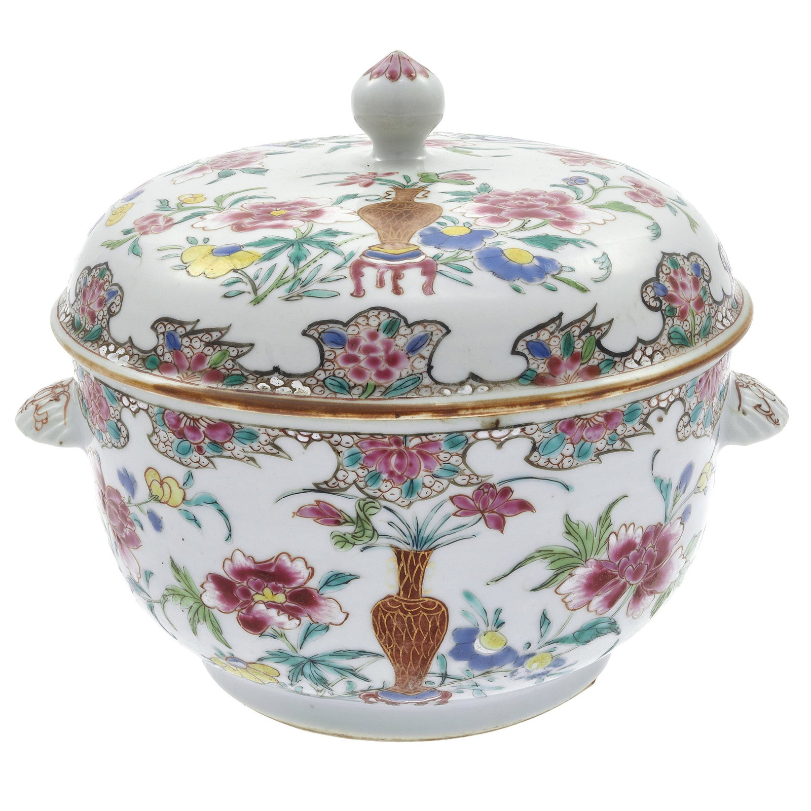 Chinese Export Famille Rose Tureen and Cover, Circa: Of circular form with twin shell handles, painted in enamels depicting flowering peony sprays and other flowers, the cover with foliate knob finial. Width: 8 7/8 inches Condition: One handle with a